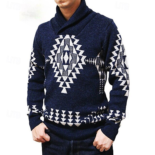 Herren Jacquard-Pullover Pullover Strickpullover Gerippt Stricken Normale Oberteile Strick Bogengimpe Kargen Modisch Basic Urlaub Freizeitskleidung Bekleidung Herbst Winter Blau S M L