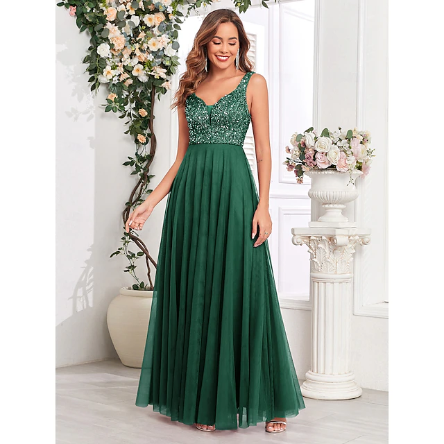 A-Line Wedding Guest Dresses Elegant Dress Wedding Guest Birthday Floor Length Sleeveless V Neck Pink Dress Tulle V Back with Sequin 19