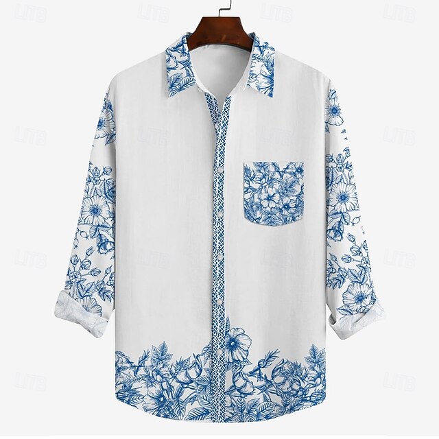 Men's Floral Casual Shirt Button Up Shirt Aloha Shirt Long Sleeve Casual Resort Causal Casual Spring Fall Turndown Button Up Pocket Blue4