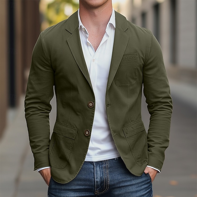  Herr Kavaj Utomhus Ledigt Ficka Mode Ledigt Vår & Höst Bomull Polyester Slät Ficka Ledigt / vardag Enkelknäppt Blazer Svart Armégrön