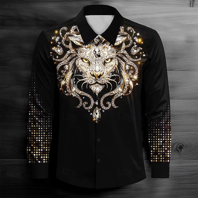  Per uomo Leone Camicia con colletto Camicia con bottoni Manica lunga Scuro Casual Informale Primavera Autunno Collo ripiegabile Abbottonare Nero Giallo Blu