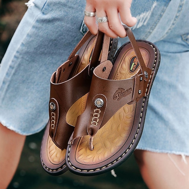 sandales à orteils en similicuir pour hommes – tongs de style vintage avec rivets décoratifs pour une tenue de plage décontractée en été