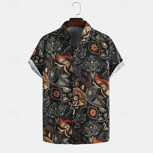 Men's Paisley Casual Shirt Button Up Shirt Short Sleeve Casual Casual Summer Spring Turndown Button Up Black4