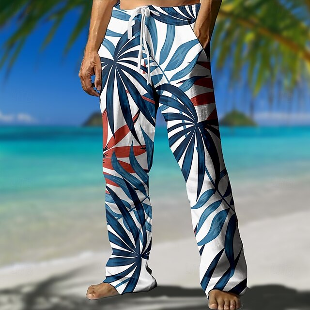  Men's Coconut Tree Pants Trousers Mid Waist Drawstring Elastic Waist Hawaiian Casual Outdoor Vacation Holiday Straight Leg Trousers Summer Spring 3D Print Black Blue Brown