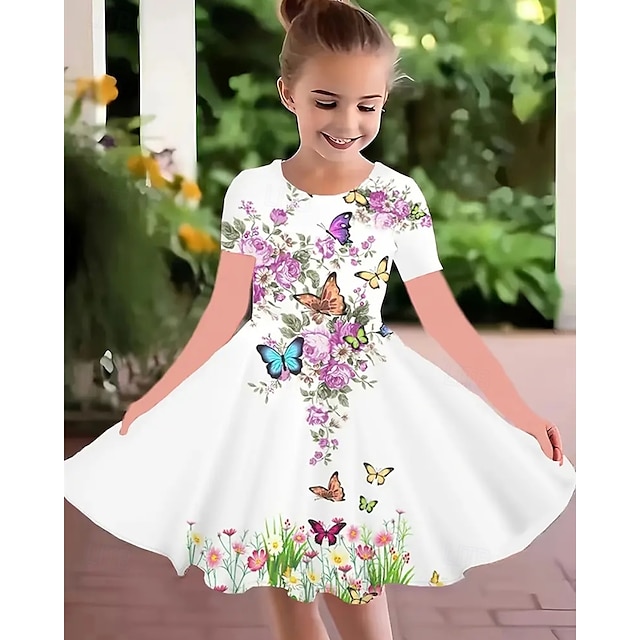  Pääsiäinen Tyttöjen 3D Kuvitettu Perhonen Kukka Mekko Lyhythihainen Kesä Kevät Loma Päivittäin Pyhäpäivä Prinsessa Kaunis Makea Lapset 4-12 vuotta Rento mekko A linjainen mekko Polvipituinen Normaali