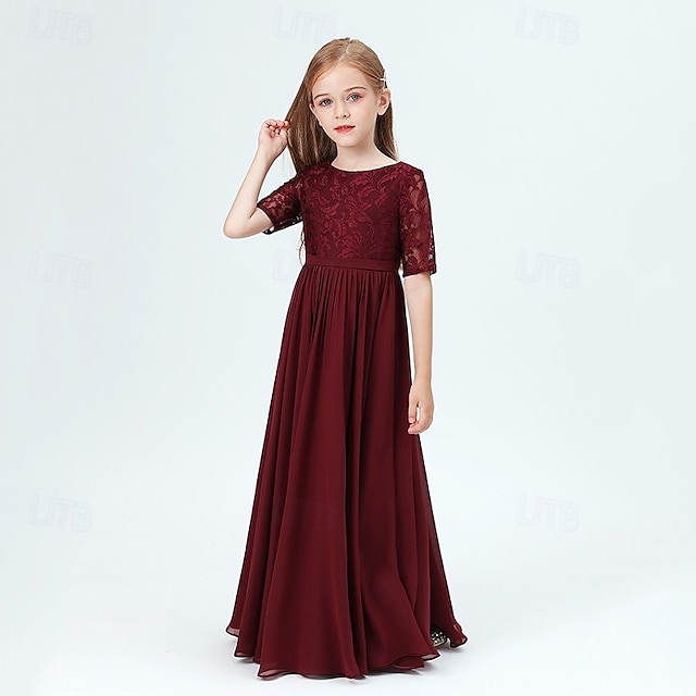  Enfants Fille Robe de fête Couleur unie Demi Manches Utilisation Maille Princesse Doux Maille Mi-mollet Robe Fourreau Robe en Tulle Eté Printemps Automne 2-12 ans Vin