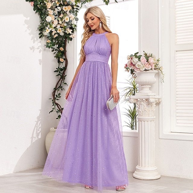  A-line šaty pro svatební hosty elegantní šaty svatební hosti na večírky maximální délky bez rukávů halterneck podzimní svatební host tulle s mašlí