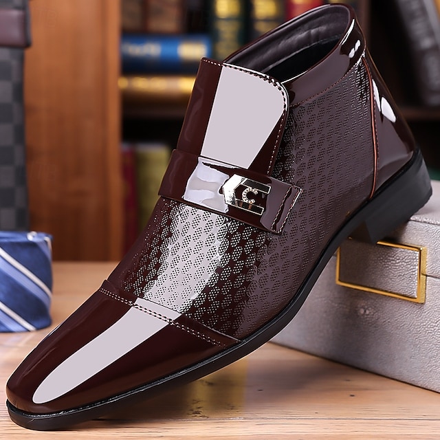  Men's Patent Leather Ankle Boots – Sleek Formal Design with Buckle Detail for Weddings, Parties, and Business Wear