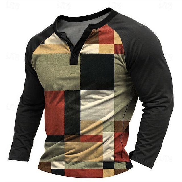  Homme Graphique Patchwork T-shirt Chemise Henley manche longue Designer Basique Classique Extérieur Quotidien Sports Printemps & Automne Multicouleur Noir Henley T-shirt Henley