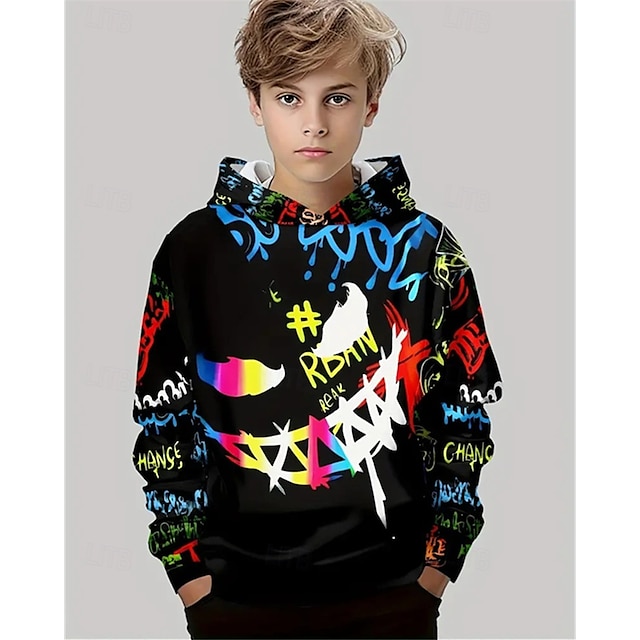  Pojkar 3D Grafisk Huvtröja Långärmad Vår Höst Mode Streetwear Barn 4-12 år Huva Utomhus Ledigt Dagligen Normal