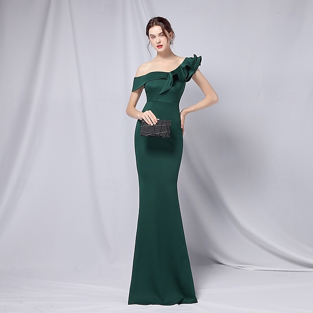  Robe de soirée sirène  trompette robe élégante formelle mariage longueur de sol manches 3/4 une épaule crêpe extensible avec volants 2025