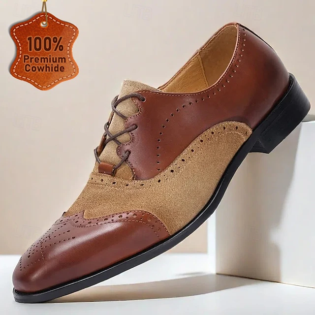Men's Premium Cowhide Leather and Suede Wingtip Oxford Shoes, Lace-Up Brogue Design, Stylish Formal Shoes for Business, Weddings, and Special Occasions 9