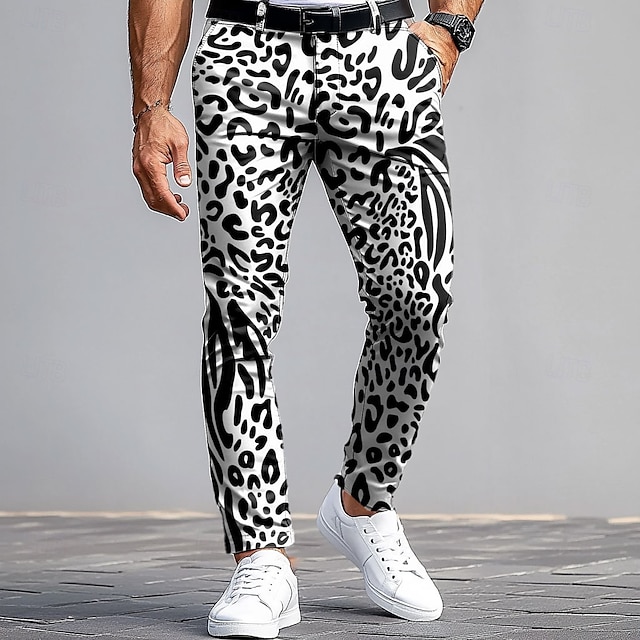  Herr Leopardtryck Kostymbyxor Medium Midja Business Casual Formell Utomhus Gata Dragkedja Ficka Sommar Vår Höst 3D-tryck Vit Brun Svartvit
