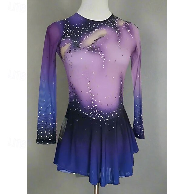 Figure Skating Dress Women's Girls' Ice Skating Dress Purple Blue Patchwork High Elasticity Training Competition Skating Wear Classic Crystal / Rhinestone Long Sleeve Ice Skating Figure Skating3