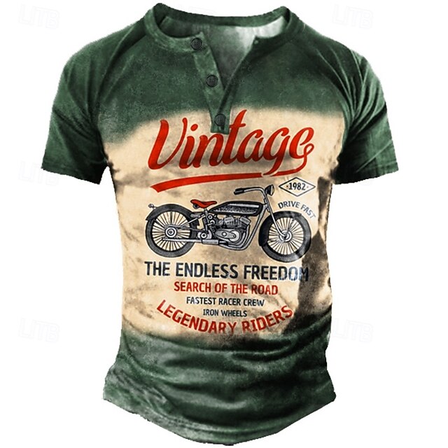 Men's Motorcycle Vintage T Shirt Graphic Tee Short Sleeve Daily Henley Street Style Casual Summer Spring Green Henley Collar Henley T-Shirt4