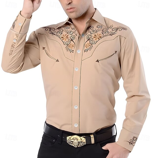 Men's Florals Western Shirt Cowboy Shirt Long Sleeve Western Style Spring Fall Turndown Button Up Beige4
