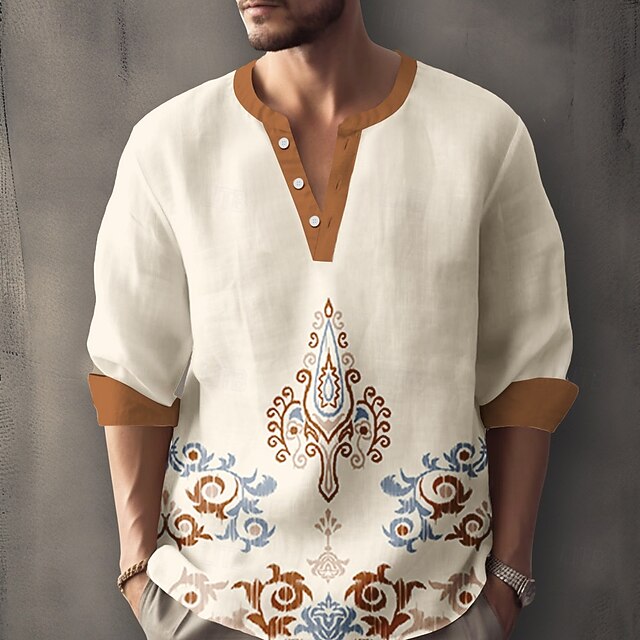 Men's Florals Casual Shirt Button Up Shirt Long Sleeve Fashion Casual Causal Casual Summer Spring V Neck Buttons Yellow4