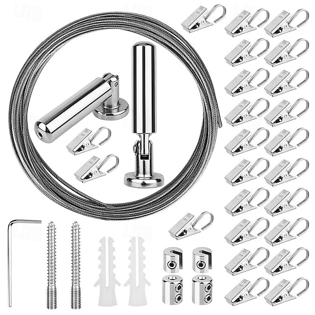 asta per tenda in filo metallico regolabile per interni ed esterni, divisorio per stanze, sistema di sospensione con 24 clip, sistema di sospensione in filo metallico per arazzo, stendibiancheria,