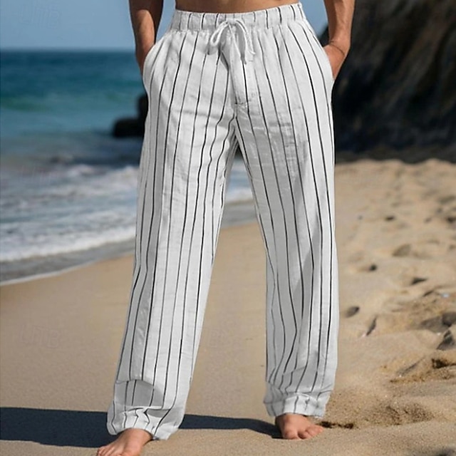  Homens Calças de linho Calças Calça verão Calças de praia Com Cordão Cintura elástica Perna reta Listra Conforto Respirável Comprimento total Casual Diário Feriado Férias Moda Branco Azul Céu
