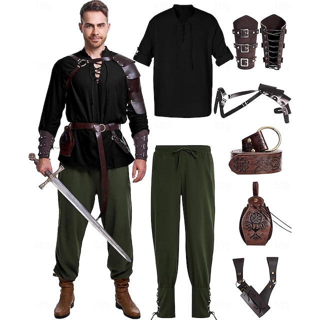  Rétro Vintage Médiéval Renaissance Pantalon Costume de cosplay Tenues Ren Faire Homme Viking Fantaisie Halloween Carnaval Mascarade Carnaval Performance LARP Adulte Chemise Pantalon Ceinture