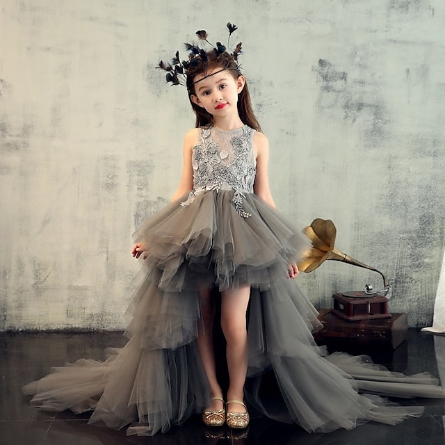  Vestido para Meninas das Flores Crianças Para Meninas Vestido de princesa Espetáculo Casamento Festa Elegante Lindo Com Transparência Côr Sólida Sem Manga Gola Redonda Cinzento 4 anos +