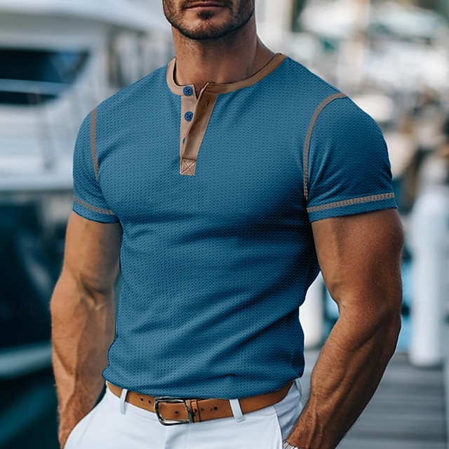  Bărbați Cămașă Henley Waffle Tricouri Manșon scurt Carou Modă Designer Comfortabil Nasturi Henley În aer liber Casual Zilnic Vară Negru Alb Galben Tricou Henley
