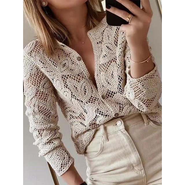  Damen Bluse Feste Farbe Basic Brautkleider schlicht Langarm Rundhalsausschnitt Normale Oberteile Täglich Ausgehöhlt Knopf Khaki Herbst Winter