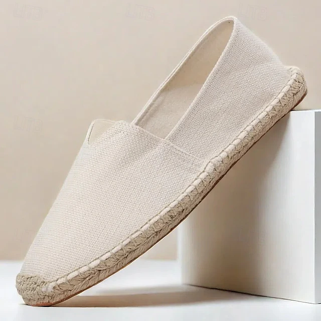 Men's Beige Canvas Espadrille Slip-On Shoes with Jute Rope Sole – Comfortable Summer Casual Footwear 38