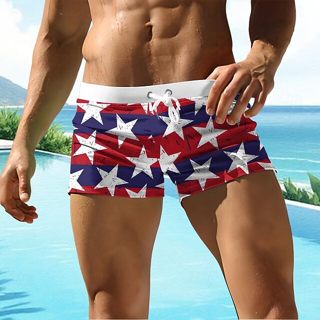 Men's American US Flag Stars Swim Trunks Swim Shorts Board Shorts Mid Waist 3D Print Hawaiian Surfing Holiday Beach Drawstring with Mesh lining Elastic Waist Designer Clothing Apparel4