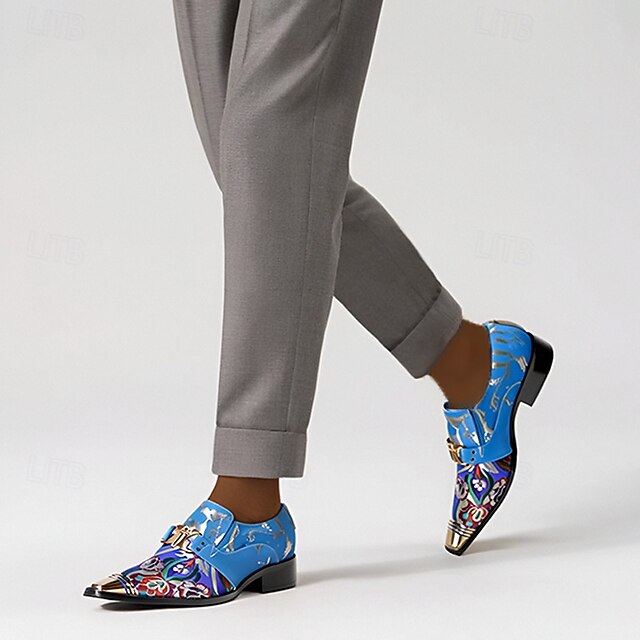 Stylish Dress Shoes For Men 2026.Men's Blue Floral Pattern Cowhide Leather Loafers with Metal Toe Cap ...