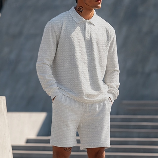  Herren Zweiteilig Poloshirts Reißverschluss-Polo Polo-Set Langarm Kurze Hose Polokragen Halber Reißverschluss Sommer Frühling Herbst Farbblock Klassisch Gymnastik Lässig 2 teilig Urlaub