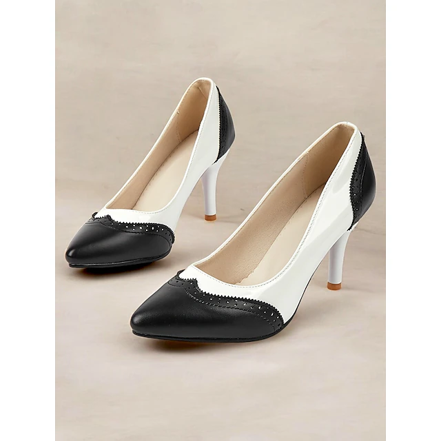 Women's Elegant Retro-Inspired Black and White Patent Faux Leather Pumps with Stiletto Heel - Perfect for Weddings and Special Occasions 14