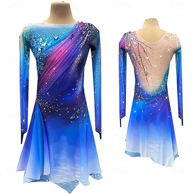 Figure Skating Dress Women's Girls' Ice Skating Dress Royal Blue Thumbhole Halo Dyeing High Elasticity Professional Competition Skating Wear Thermal Warm Crystal / Rhinestone Long Sleeve Ice Skating4