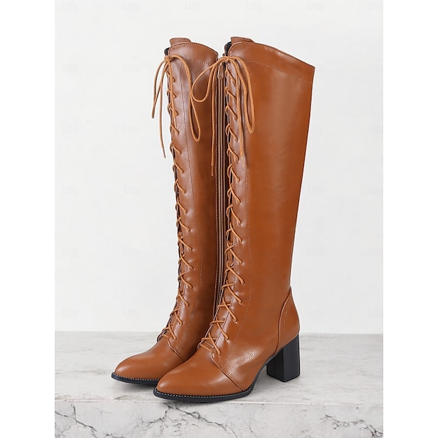  stylische braune Damen Schnürstiefelette aus Kunstleder mit Blockabsatz | perfekt für Herbst und Winter