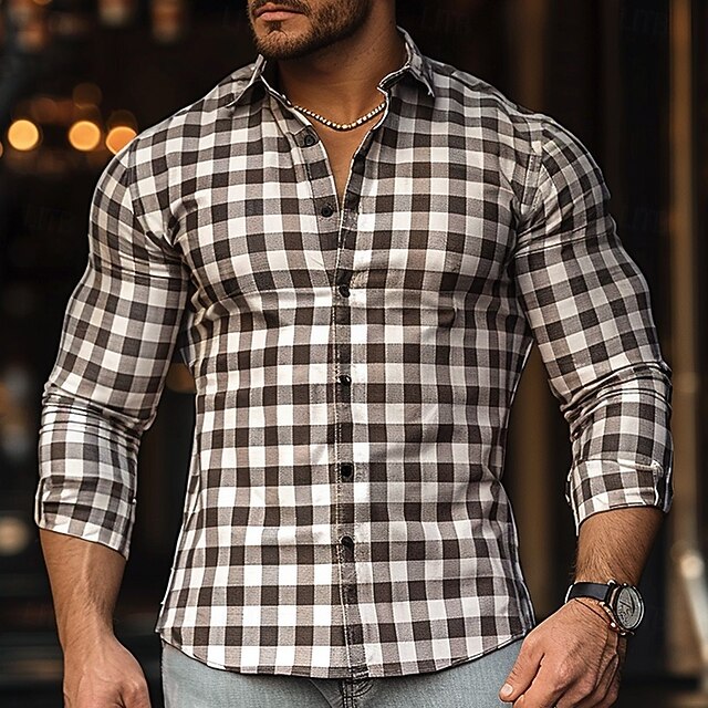 Men's Grid / Plaid Patterns Casual Shirt Button Up Shirt Long Sleeve Casual Business Casual Causal Casual Spring Fall Turndown Button Up White+Black4