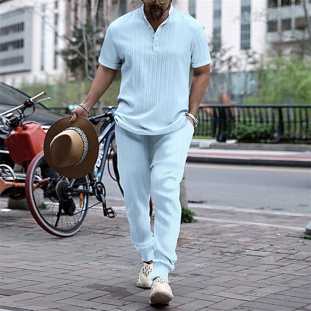  Per uomo 2 pezzi Completo di camicia Set abbinati Maglietta informale Camicia con bottoni Nero Bianco Blu reale Blu Kaki Manica corta Liscio A fascia Da mare Strada Abbigliamento Di tendenza Informale