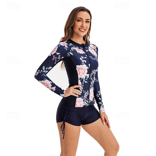  Femme Anti UV Maillot de bain Protection solaire UV UPF50+ Poids Léger manche longue Spandex Maillots de Bain Maillot de bain 2 Pièces Zip sur le devant Natation Surf Plage Sports nautiques Floral
