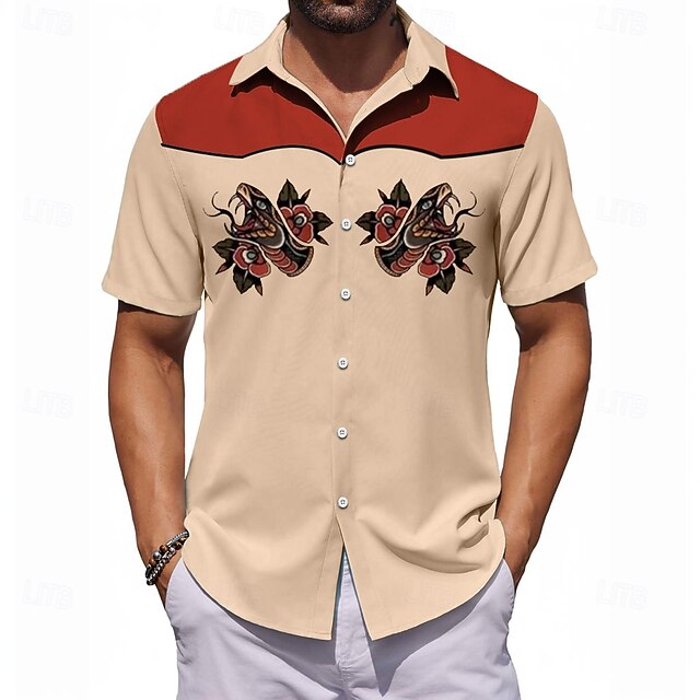 Men's Color Block Snake Casual Shirt Bowling Shirt Button Up Shirt Short Sleeve Artistic Abstract Causal Casual Spring Fall Turndown Button Up Beige4