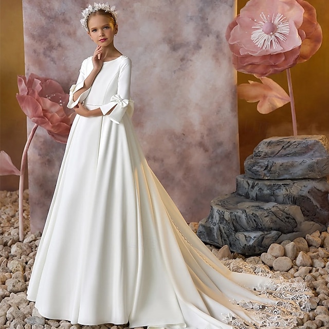 Bloemenmeisjesjurk Voor meisjes Feestjurk Prestatie Bruiloft Feest Prinses Zoet Netstof Effen Kleur Mouwloos Schouderafhangend Ivoor Kinderen