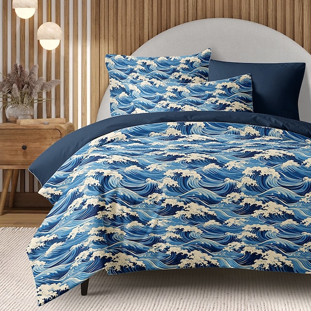  set copripiumino con onda oceanica, biancheria da letto in morbida microfibra, design con onde vivaci, include copripiumino e federe, resistente allo scolorimento, chiusura con cerniera, lavabile in lavatrice, misure queen, king, twin, tema spiaggia costi