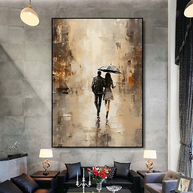  Handmade Oil Painting Canvas Wall Art Decoration Figure Lovers Hold Up An Umbrella Abstract Rain Street Landscape for Home Decor Rolled Frameless Unstretched Painting
