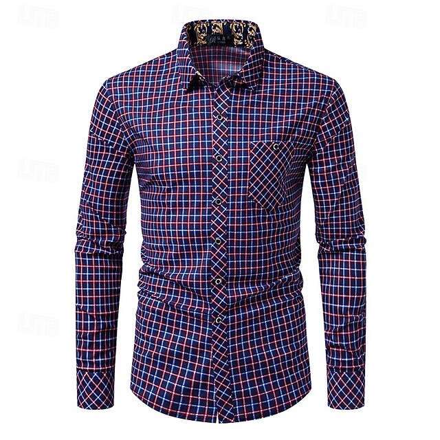 Men's Shirt Summer Shirt Casual Shirt Button Up Shirt Checked Shirts Red Blue Long Sleeve Plaid Lapel Vacation Holiday Front Pocket Clothing Apparel Polyester Fashion Casual Comfortable3