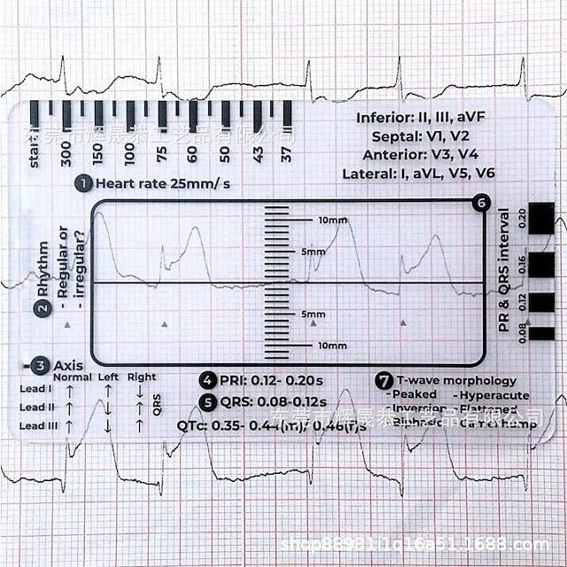  ECG 7 Step Ruler, ECG Ruler Plastic Ruler Measuring Tool, ECG 7 Step Ruler for ECG/EKG Interpretation, Transparent EKG Calipers Measuring Tool, Follow a 7 Step Plan