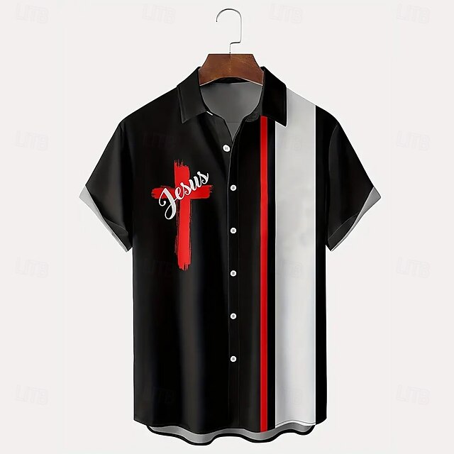 Men's Quotes & Sayings Cross Casual Shirt Button Up Shirt Short Sleeve Dark Causal Casual Summer Spring Turndown Button Up Black4