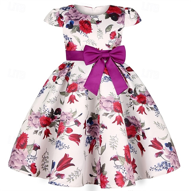  Enfants Fille Robe de fête Fleur Manche Courte Utilisation Anniversaire Noeud de cravate Magnifique Doux Coton Maxi robe soirée Robe Évasée Robe Trapèze Eté 4 ans et + Jaune Rose Claire Rouge