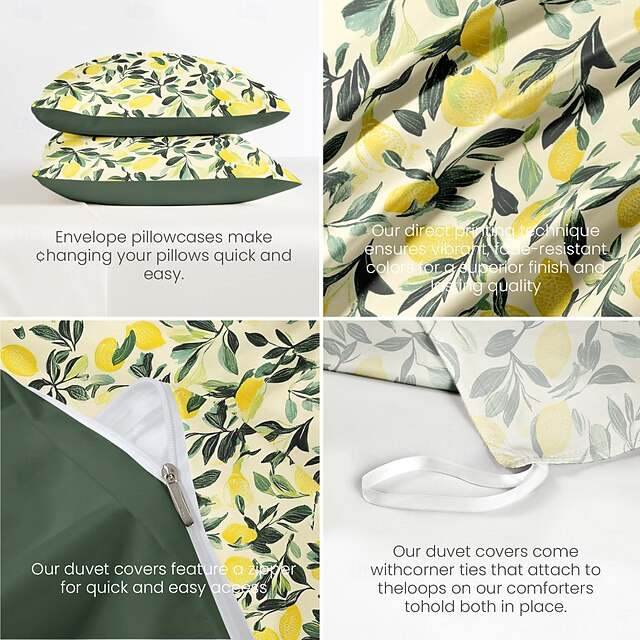  citroen vintage dekbedovertrekset 3-delig, botanische patronen, zachte microvezel beddengoedset machinewasbaar, verkrijgbaar in de maten queen, king en twin, comfortabel en stijlvol