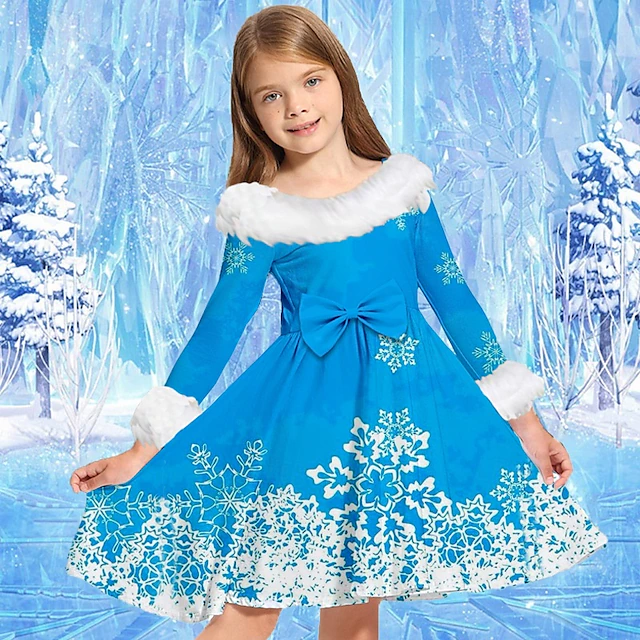 Kids Girls' Dress Snowflake Dress Snowflake Long Sleeve Party Casual Fur Trim Crewneck Adorable Daily Polyester Above Knee Casual Dress Swing Dress A Line Dress Fall Winter 2-13 Years Multicolor 16