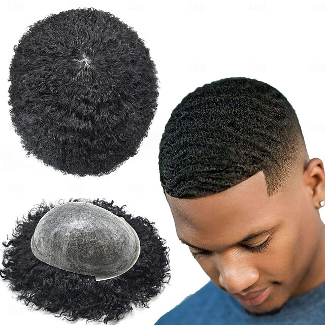  afro toupee mustille miehille afro aaltoileva miesten toupee hiusten korvausjärjestelmät täysi poly ohut iho injektio afrikkalainen mies afro kihara toupee pu 1# jet black-10mm