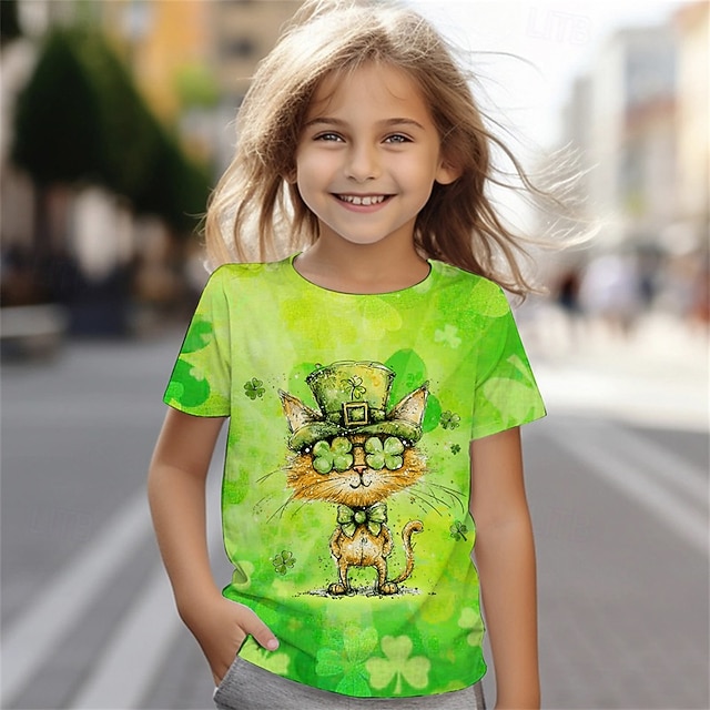  Sint Patrick Jongens 3D Grafisch Kat T-shirt Korte mouw Zomer Lente Modieus Basic Kinderen 4-12 jaar Strakke ronde hals Buiten Casual Dagelijks Normale pasvorm