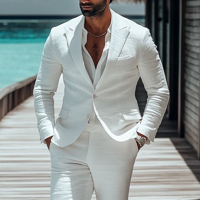  De los hombres Boda boda en la playa Trajes de Lino Solapa de Muesca Blanco Ligeras Casual Color sólido Estándar Juego de 2 piezas Recto 2 botones